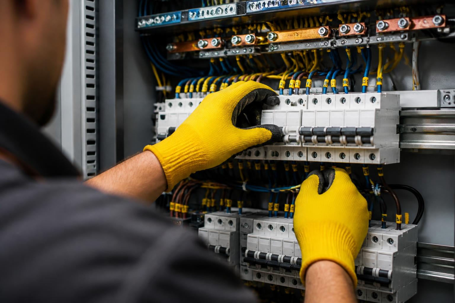 Eletricista da VFW Elétrica com luvas amarelas trabalhando em quadro elétrico